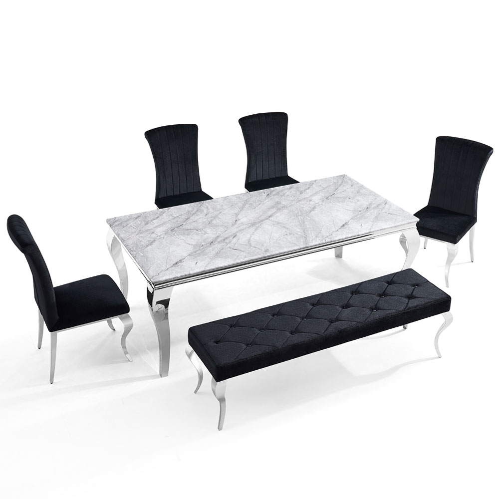 Product photograph of Louis Grey Marble And Chrome Dining Set With Black Velvet Fabric Chairs - Comes In 4 6 8 Seater from Choice Furniture Superstore.